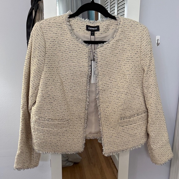 Express Jackets & Blazers - Express Neutral Cream Tweed Fringe Open-Front Blazer